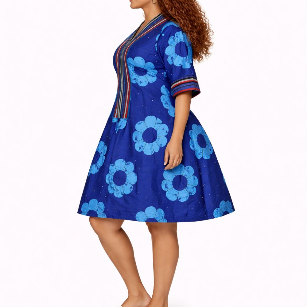 Navy Blue Ankara Flared Mini Dress Floral African Print Statement Dress